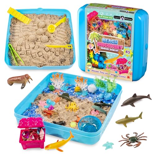 Original Stationery Sensorische Strand Entdeckung Set, Spielzeug Koffer mit 900g Kinetischer Spielsand & Zubehör, Spielzeug Werkzeuge, im Dunkeln Leuchtende Meerestiere von Original Stationery