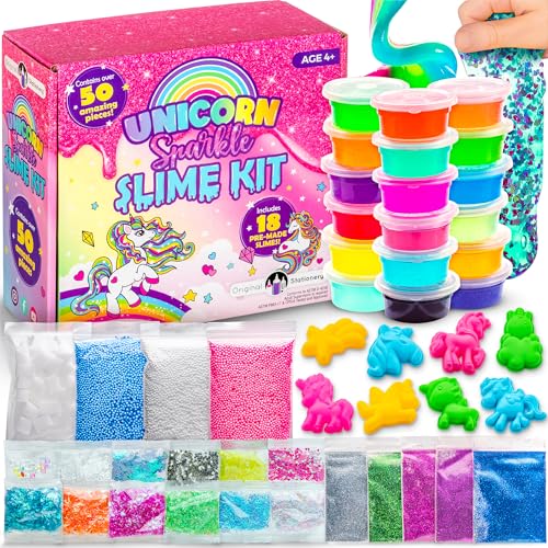 Original Stationery Unicorn Sparkle Slime Kit, 50-teiliges Einhorn Schleim-Set mit 18 Vorgefertigten Schleimen, Komplett-Set mit Viel Funkelndem Zubehör, Tolle Geschenke für Mädchen von 10-12 von Original Stationery