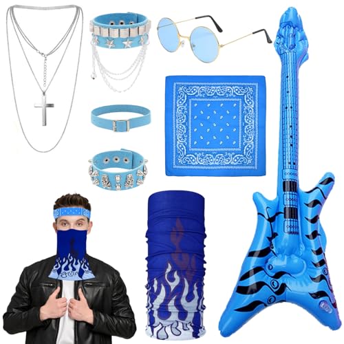 8 Stück Punk Rockstar Verkleidung Kinder, aufblasbare Gitarre, Rockstar-Zubehör, Punk-Rockstar-Zubehör mit Sonnenbrille, Bandana, Armband, Halsband, Maske, Halsketten, 80er-Jahre Rock 90er Jahre von Orizizhic