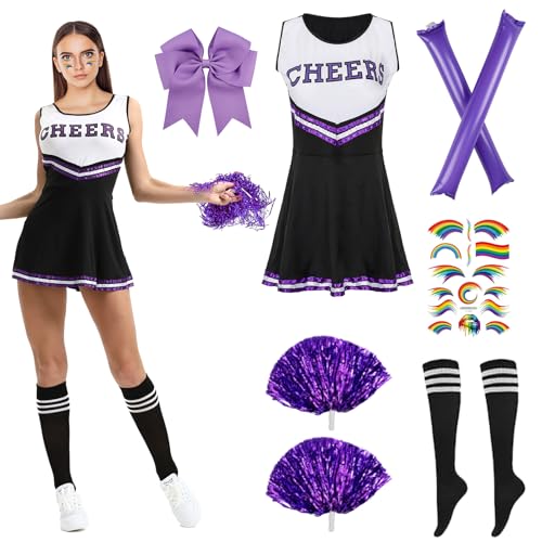 8PCS Cheerleader Kostüm Damen, Cheerleader Kostüm Mädchen High School Cheerleader Kostüm mit Cheerleader Pompons Kleid Haarband Socken Tattoo-Aufkleber Cheer Sticks für Karneval Mottoparty Cosplay von Orizizhic