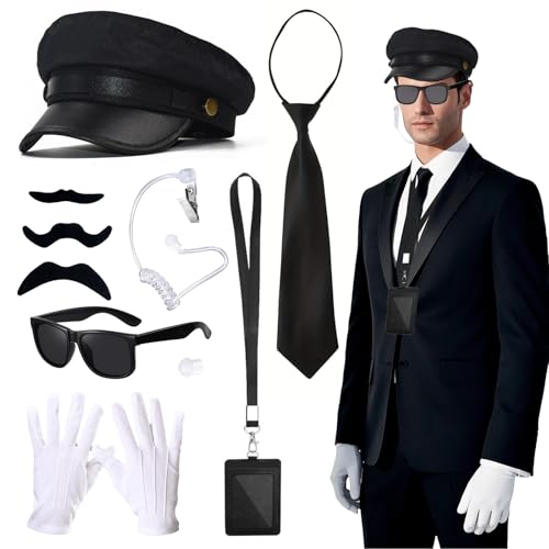 9-teiliges Agenten-Kostüm-Zubehör-Set, Geheimsicherheitsbeamter mit schwarzem Hut, Sonnenbrille, weißen Handschuhen, Krawatte, Ohrmuschel, Ausweis, für Teenager, Erwachsene, 1920er-Jahre, von Orizizhic