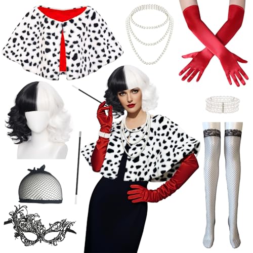 Cruella Kostüm Damen 9 PCS Schwarz Weiß Perücke Halloween Damen Cruella Deville Kostüm Zubehör Set, Weiß Schwarz gepunkteter Schal Perückenkappe Netzstrümpfe Spitze Maske für Karneval Mottoparty von Orizizhic