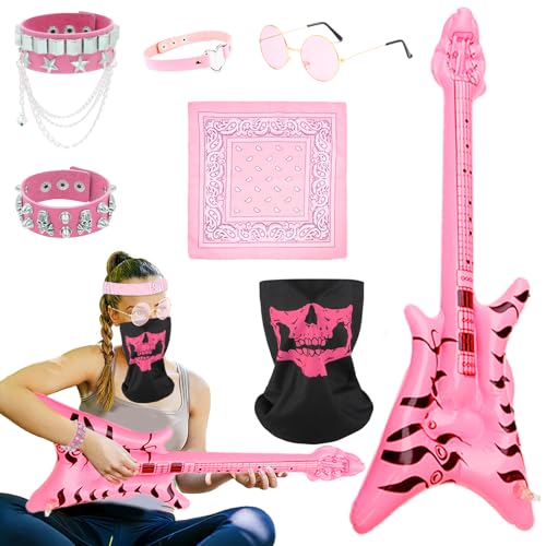 Orizizhic 7 Stück Rockstar Kostüm, Punker Kostüm Kinder Fancy Dress Punk Zubehör mit Aufblasbare Gitarre Nietenarmband Totenkopf Armband Maske Sonnenbrille Halsband für Disco Kostüm 70er 80er 90er von Orizizhic