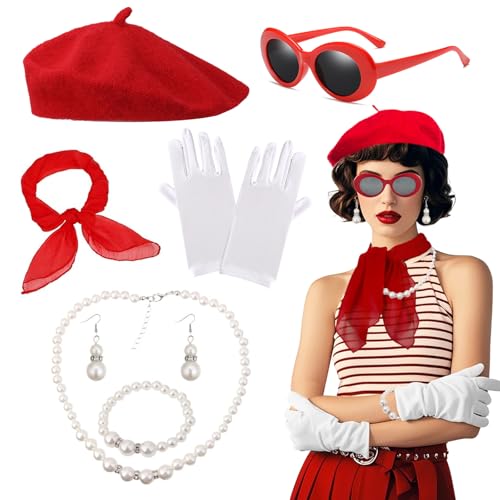 Orizizhic 7 STÜCK 50er Jahre Accessoires Damen, Rockabilly Accessoires Damen Franzosen Kostüm mit Baskenmütze Rot Sonnenbrillen Schals Handschuhe Halsketten Armbänder Ohrringe Vintage Party Cosplay von Orizizhic