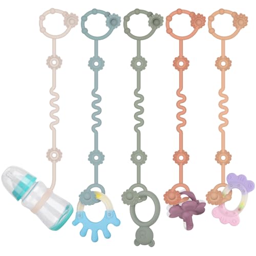 Baby Cup Catcher, Spielzeug Schnullerkette Silikon, BPA-frei Sicherheitsgurte für Spielzeug, Trinkbecher Halteriemen für Kinderwagen Hochstuhl Autositz 5 Pack (Sage+Ether+Muted+Apricot+Light grey) von Orliver