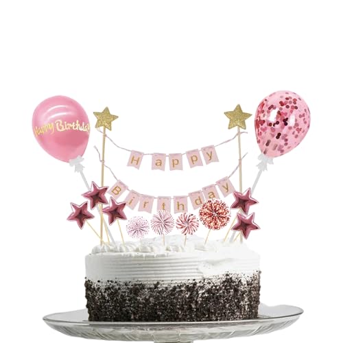 12 Stück Birthday Tortendeko Rosegold, Cake Topper Geburtstag Mädchen, Kuchen Deko Rosa Geburtstag mit Konfetti Luftballons Papierfächer Stern Herz für Geburtstag Dekoration Junge Mädchen von Ormromra