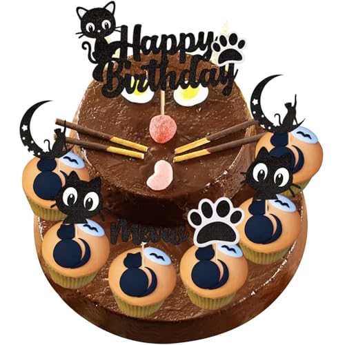 25 Stück Katze Cupcake Topper, Schwarz Glitzer Kätzchen Katze Cupcke Toppers, Katzenliebhaber Kätzchen Thema Baby Geschenk Party, Kindergeburtstag Party, Kuchen Dekoration Zubehör von Ormromra