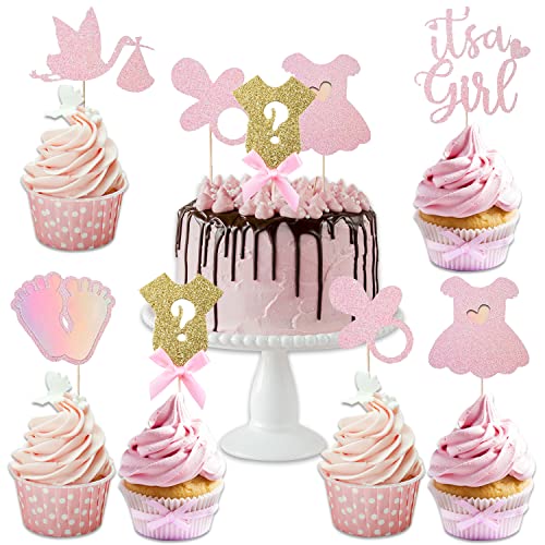 26 Stück Baby Girl Cupcake Toppers, It's a Girl Cake Topper, Geburtstag Baby Shower Party Deko, Glitter Jumpsuit Dekorationen, Rosa Gender Reveal Topper Deko von Ormromra