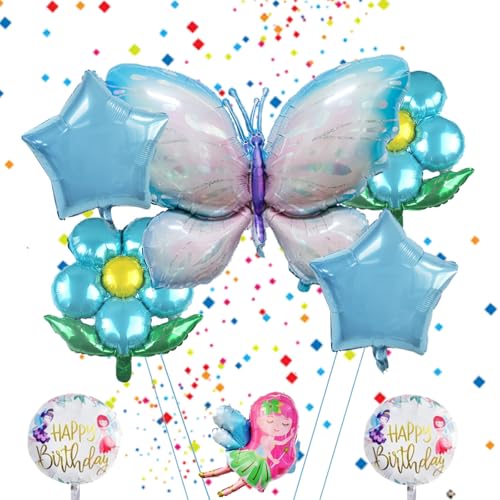 8 Stück Geburtstag Deko Schmetterling, Schmetterlings Stern Blume Folienballon, Riesige Blau Schmetterling Folie Mylar Ballon, Geburtstag Deko Mädchen Schmetterling von Ormromra