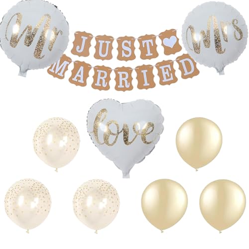 Hochzeitsdeko Set, Just Married Girlande Banner mit 9 Ballons, Mr und Mrs Heliumballons, Konfetti Luftballons für Hochzeit Dekoration, Brautdusche von Ormromra