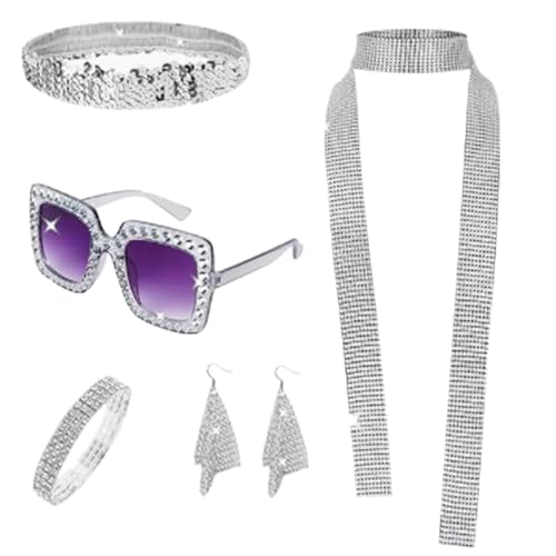 Osdhezcn Fancy Dress Kits Bling Sonnenbrille Lange Schal Ohrringe Stirnband Armband für Frauen Retro 70/80er Jahre Motto Party Armband von Osdhezcn