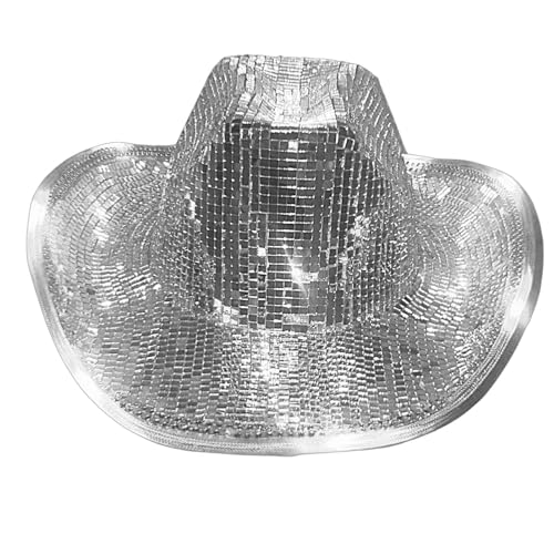 Oseczmut Disco Ball Cowboyhut | Spiegel Disco Cowboyhut | Disco Cowboy Hut | Neon Glitzer Cowgirl Hüte, Verspiegelte Discokugel Paillettenkappen ?Silberner Glitzernder Disco Spiegelhut Für Party von Oseczmut