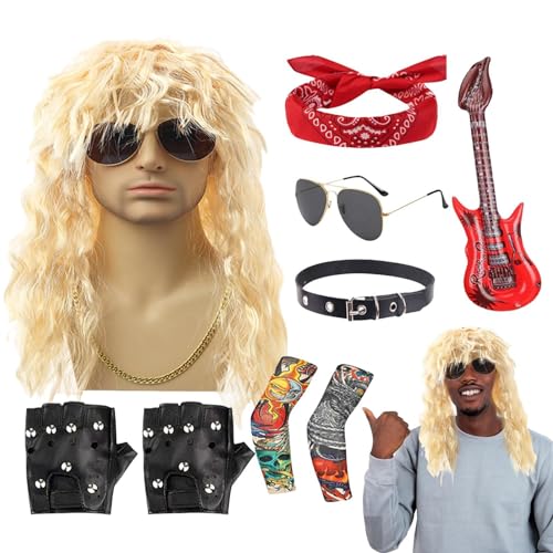 Oseczmut Rocker-Kostüm für Herren, 80er-Jahre-Rocker-Kostüm,Rocker-Heavy-Metal-Kostüm für Herren - 9-teiliges Halloween-80er-Jahre-Rocker-Star-Kostüm-Set, Herren-Rocker-Heavy-Metal-Kostüm für von Oseczmut