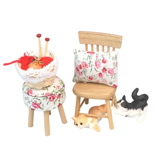 Oshhni 1/12 Puppenhaus-Miniatur-Stuhl-Set, Mini-Rundhocker, Stuhlspielzeug mit Nähkästchen, Geschenke, Mini-Miniatur-Möbel-Set für Mädchen, Style B von Oshhni