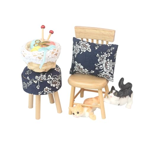 Oshhni 1/12 Puppenhaus-Miniatur-Stuhl-Set, Mini-Rundhocker, Stuhlspielzeug mit Nähkästchen, Geschenke, Mini-Miniatur-Möbel-Set für Mädchen, Style D von Oshhni