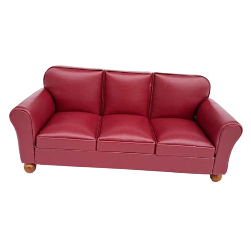 Oshhni 1/12 Puppenhaus Sofa Simulation Zubehör Spielzeug Puppe Zubehör Dekoration für Wohnzimmer, Rotes 3-sitzer-Sofa von Oshhni