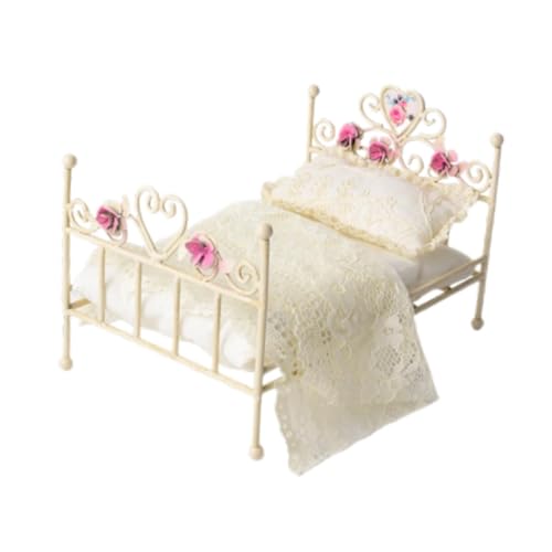 Oshhni 1/12 Puppenhausbett Puppenhausmöbel Geschnitztes Eisenbett Winziges Bett Szene Schlafzimmer Mikroszene Miniaturbett Einzelbett Modell, Weiße Spitze von Oshhni