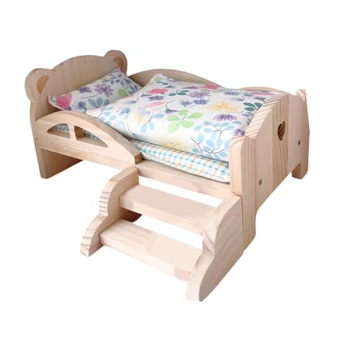 Oshhni 1:12 Holz Puppe Mini-Bett inklusive Matratze Quilt Kissen für BJD Puppen Cartoon Pretend Puppe Spiel für Puppenhaus Dekoration, Blumen-bettwäsche-Set von Oshhni