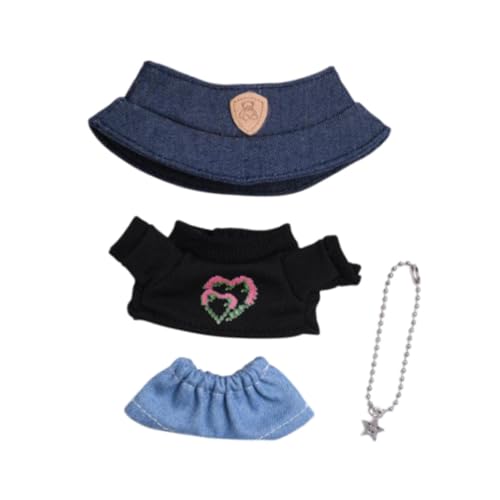 Oshhni 4-teiliges Puppenoutfit, Puppenkleidung für Mädchen mit Puppen-T-Shirt, Jeans, Halskette, Mütze, Miniatur-Puppenkleidung, für 15/17 cm große Puppen, Schwarzes Und Grünes Blatt von Oshhni