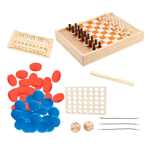 Oshhni 5-in-1-Brettspielset aus Holz mit Schach, Backgammon, Brettspielen „Shut The Box Checkers“ für Familien, Erwachsene und Kinder, Geschenke von Oshhni