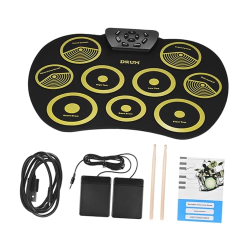 Oshhni 9 Pads Roll Up Drum Kit zum vielseitigen Urlaubsgeburtstagsgeschenk, einfach zu tragen, mit Pedalen Drum Sticks tragbar, Gelb von Oshhni