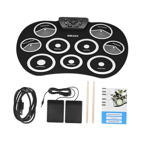 Oshhni 9 Pads Roll Up Drum Kit zum vielseitigen Urlaubsgeburtstagsgeschenk, einfach zu tragen, mit Pedalen Drum Sticks tragbar, Weiß von Oshhni