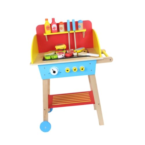 Oshhni Kinder-BBQ-Grill-Spielzeug-Set, Holz-Spiel-Grillspielzeug-Grill, Kleinkind-Kochen, Rollenspiel mit Spielessen für Jungen und Mädchen von Oshhni