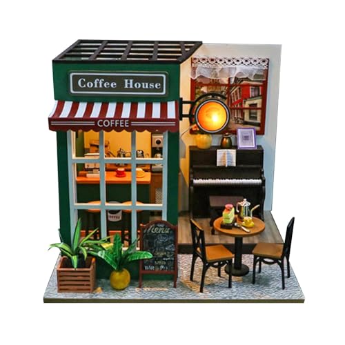 Oshhni Miniatur-Puppenhaus-Bausätze, Café, 3D-Holzpuzzle, Puppenhaus mit integrierten LED-Leuchten für Teenager von Oshhni