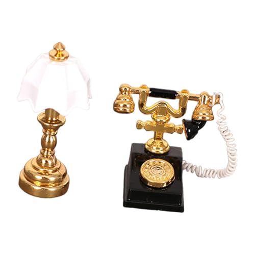 Oshhni Puppenhaus Miniatur Lampe und Wählscheiben-Telefon Set Mini Tisch Lampe 1/12 Skala Schreibtisch Telefon Spielzeug, Schwarz-Weiss von Oshhni