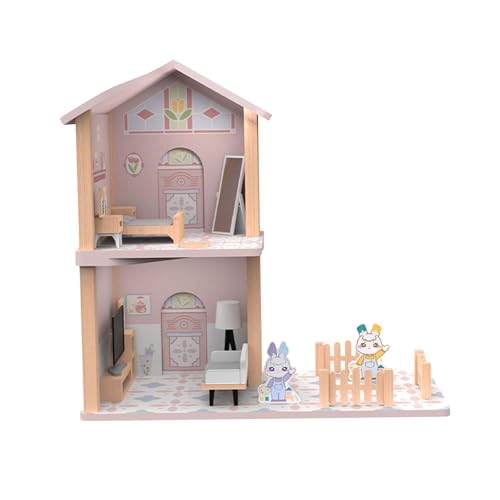 Oshhni Puppenhaus aus Holz, Miniaturhaus, 2-stöckiges Bastel-Geschenkspielzeug, pädagogisches Spielzeugmodell für Kinderzubehör, Haus im europäischen Stil von Oshhni