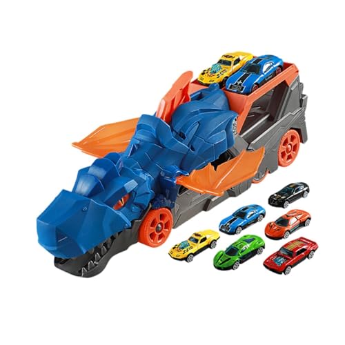 Oshhni Spielzeugauto-Bahnset mit Rennauto, pädagogisches Dinosaurier-Transport-LKW-Spielzeug, Dinosaurier-Starttransporter für Jungen und Mädchen, Blau mit 6 Autos von Oshhni