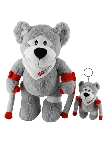 Ossenberg OssenBÄRen Kuschelbären mit Krücken - Niedlicher Teddybären mit Rot-Weißen Krücken - Set - 1 X groß, 1 X klein mit Schlüsselring von Ossenberg