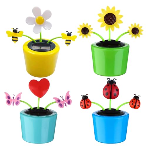 Otueidnsy 4 Stück Solarbetriebene Tanzende Bienen- und Sonnenblumenspielzeuge, Animierte Wackelkopf-Tänzerin für Heim-, Büro- und Autodekoration von Otueidnsy
