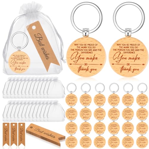 Otuuz 24 Sets Mitarbeiter-Wertschätzungsgeschenke, 24 Stück Holz-Schlüsselanhänger, Holz, inspirierender Schlüsselanhänger mit 24 Stück Dankeskarten, 24 Stück weiße Organza-Geschenktüten für Frauen, von Otuuz