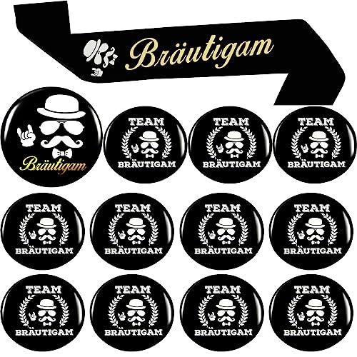 13Pcs Jga Junggesellenabschied Männer Deko Kostüm, Jga Team Bräutigam Schärpe Button Set Anstecker Für Junggesellenabschied Männer Accessoires Engagement Feiern Bedarf Partyzubehör Deko(Schwarz) von OuMaiFeng