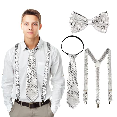 3 Stück Karneval Glitzer Fliege Hosenträger Krawatte Disco Kostüm Fasching Accessories Mit Pailletten Herren Outfit Für Silvester Karneval Mottoparty Jga Herren Damen Kostüm Zubehör von OuMaiFeng