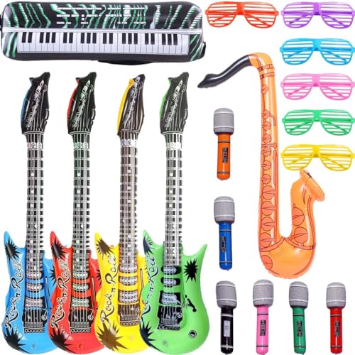 Aufblasbares Rockstern-Spielzeug-Set, 18 Stück aufblasbare Party-Requisiten – 4 aufblasbare Gitarre, 6 Mikrofone, 6 Shutter Shading Brille, 1 Saxophon und 1 aufblasbare Keyboard Klavier aufblasbares Felsenspielzeug Aufblasbares Rockstern-Spielzeug-Set, 18 Stück aufblasbare Party-Requisiten – 4 aufblasbare Gitarre, 6 Mikrofone, 6 Shutter Shading Brille, 1 Saxophon und 1 aufblasbare Keyboard Klavier aufblasbares Felsenspielzeug von OuMuaMua