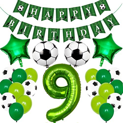 Ouceanwin Fußball 9. Geburtstag Deko Junge, Grün Luftballons Geburtstagsdeko 9 Jahre Jungen, Helium Ballon Fussball Deko mit Happy Birthday Girlande für 9 Jahre Kindergeburtstag Party Deko von Ouceanwin