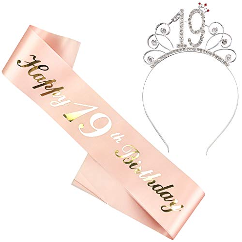 Ouceanwin Geburtstagskrone Schärpe Frau Deko Set, Kristall Tiara Krone 19. Geburtstag Frauen Deko Strass Haarreif Stirnband Geburtstag Geschenk für 19 Jahre Frau Geburtstag Party Deko von Ouceanwin