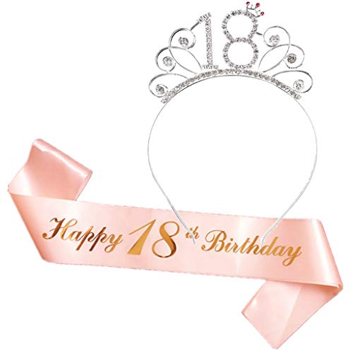 Ouceanwin Geburtstagskrone Schärpe Mädchen Deko Set, Kristall Tiara Krone 18. Geburtstag Mädchen Deko Strass Haarreif Stirnband Geburtstag Geschenk für 18 Jahre Mädchen Geburtstag Party Deko von Ouceanwin