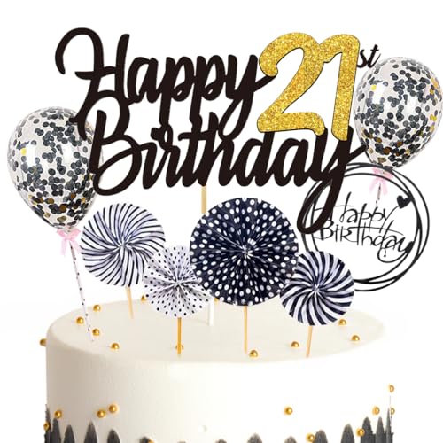 Ouceanwin Tortendeko 21. Geburtstag Frau Mann, Schwarz Kuchen Topper Happy 21th Birthday, Glitzer Kuchen Deko Geburtstag Junge 21 Jahre Cake Topper Geburtstag Deko 21 Jahre Frauen Männer von Ouceanwin