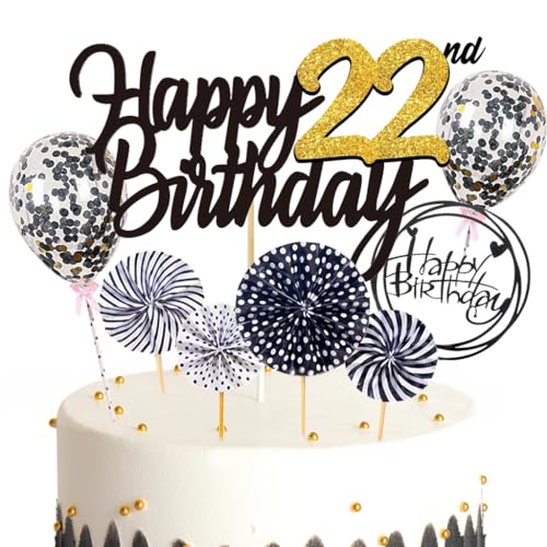 Ouceanwin Tortendeko 22. Geburtstag Frau Mann, Schwarz Kuchen Topper Happy 22th Birthday, Glitzer Kuchen Deko Geburtstag Junge 22 Jahre Cake Topper Geburtstag Deko 22 Jahre Frauen Männer von Ouceanwin