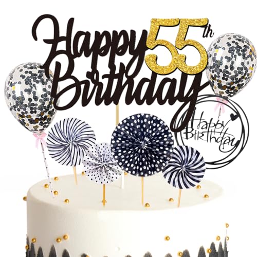 Ouceanwin Tortendeko 55. Geburtstag Frau Mann, Schwarz Kuchen Topper Happy 55th Birthday, Glitzer Kuchen Deko Geburtstag Junge 55 Jahre Cake Topper Geburtstag Deko 55 Jahre Frauen Männer von Ouceanwin