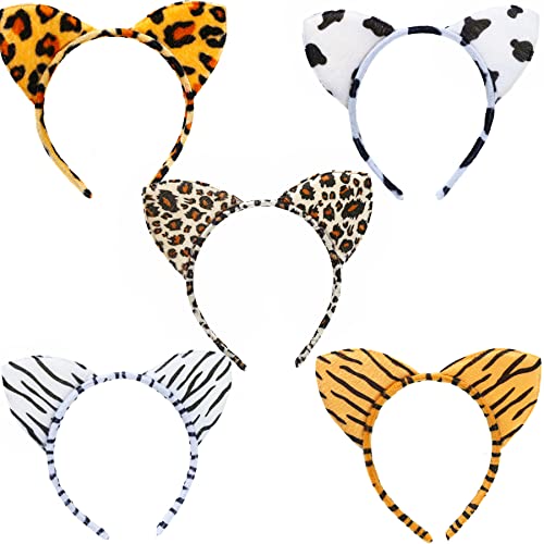 Oucenwin 5pcs Katzenohren Haarreif Tier Haarreifen Plüsch Haarband Leopard Kühe Tiger Stirnband Set für Erwachsene Kinder Karneval Halloween Cosplay Kostüm Masquerade Party Deko von Ouceanwin