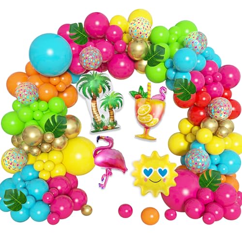 Tropische Luftballons Bogen Girlande Kit, Luau Flamingo Sommer Strand Party Dekorationen Hot Pink Grün Orange Blau Luftballons Palmblätter für Hawaii Aloha Pool Baby Shower Hochzeit Geburtstag von Ouddy Party