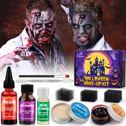 Halloween SFX Schminke Kit, Halloween Kunstblut Set mit Narbenwachs, Dichtungsöl, Verlängerungsöl, Schwämme -Realistisch Wunden Narben Make Up für Vampir Monster Zombie zum Kostümfeste Halloween Party von Oukzon