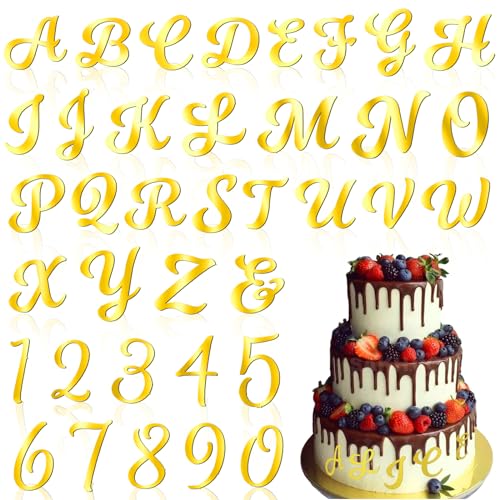 Ouligay 37 Stücke Torten Deko Gold Acryl,Spiegelbuchstaben Gold Deko, Buchstaben Tortendeko Zahlen 0-9 und A-Z Großbuchstaben Set Kuchen Deko für Geburtstag Hochzeit Jubiläum Party von Ouligay