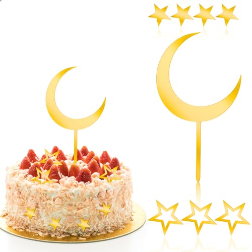 Ouligay 8 Stück Tortendeko Gold,Acryl Mond Stern Kuchen Toppers Mond Stern Cake Topper Geburtstag für Kinder Mädchen Junge Geburtstag Party Supplies von Ouligay