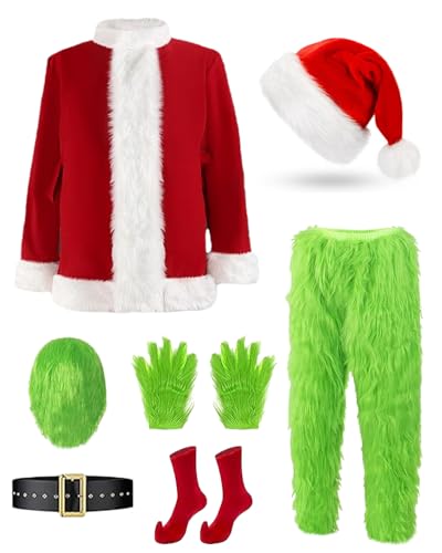 Oumeitu Grinch Kostüm Erwachsene 7 Stk Set Grünes Monster Kostüm Cosplay, für Halloween Party Fasching Karneval Weihnachtsmann Kostüme für Männer (L) von Oumeitu