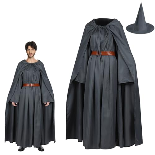 Oumelfs Zauberer-Kostüm für Erwachsene, Hexe, Cosplay, Outfit, Robe, Umhang, Hut, Gürtel, Zubehör, Umhang, Requisite (Grau, Größe XXL) von Oumelfs